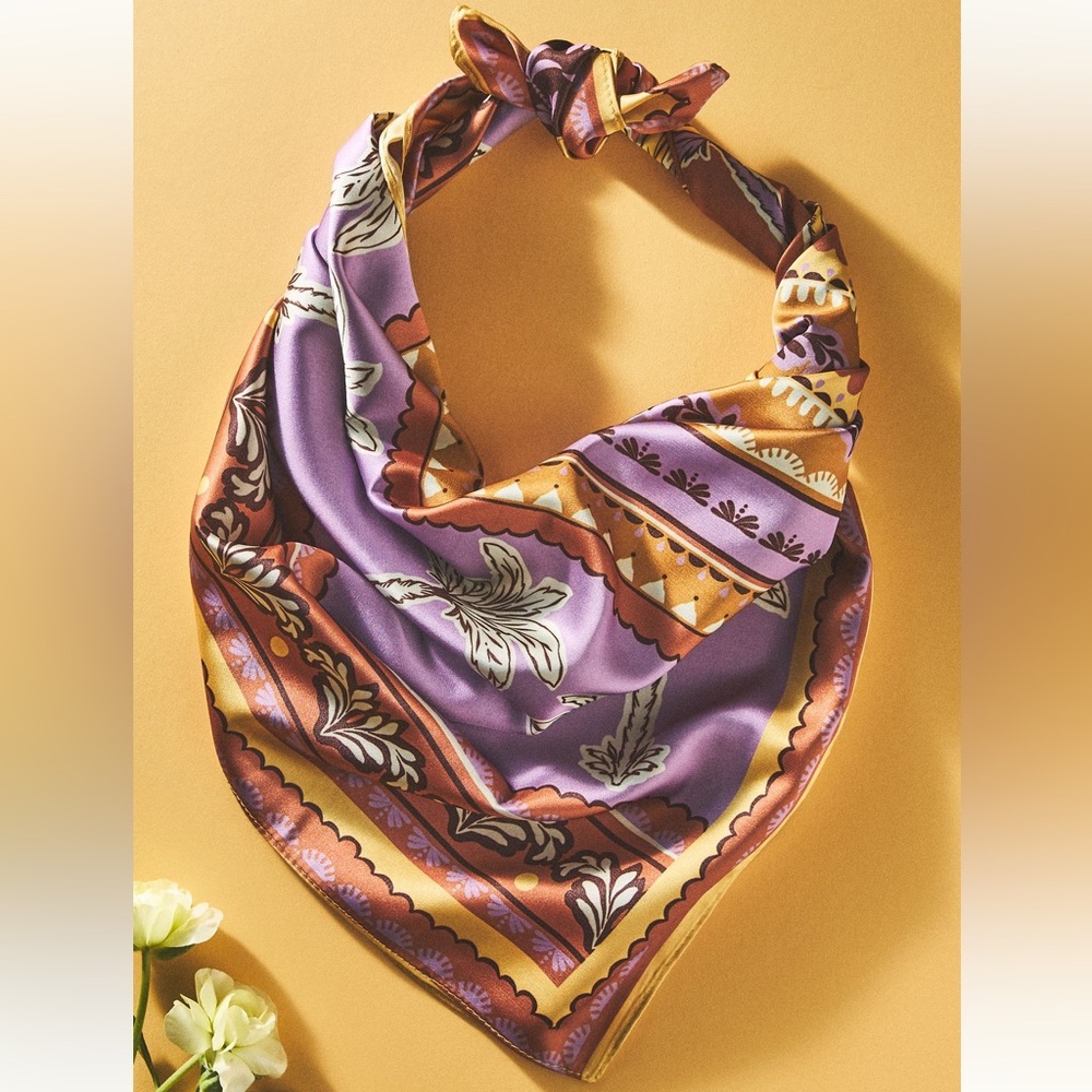 Anthropologie Scarves PAIR Botanical Palms Black Purple Copper 27” SQUARE NEW - Picture 4 of 5